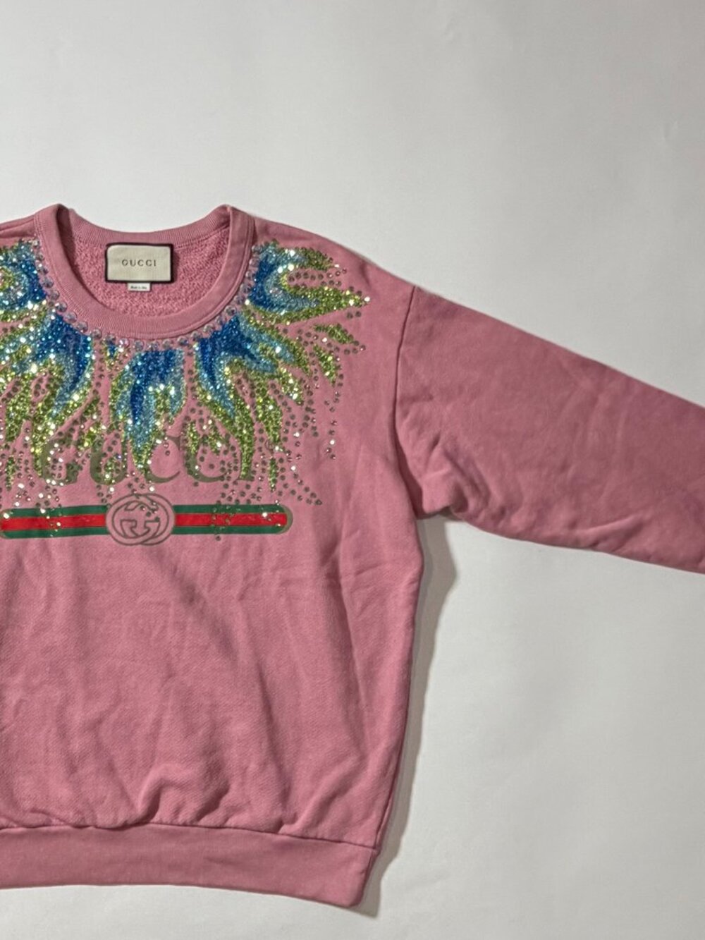 GUCCI Authentic NWT Pink Crystal Flame Embellished Web Logo Sweatshirt S